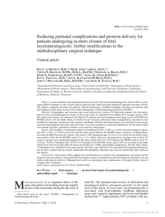 Reducing perinatal complications and preterm delivery for patients undergoing in utero closure of fetal myelomeningocele: further modifications to the multidisciplinary surgical technique Clinical article