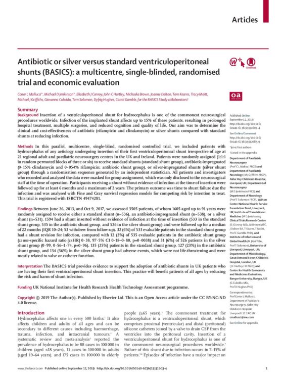 Antibiotic or silver versus standard ventriculoperitoneal shunts (BASICS): a multicentre, single-blinded, randomized trial and economic evaluation