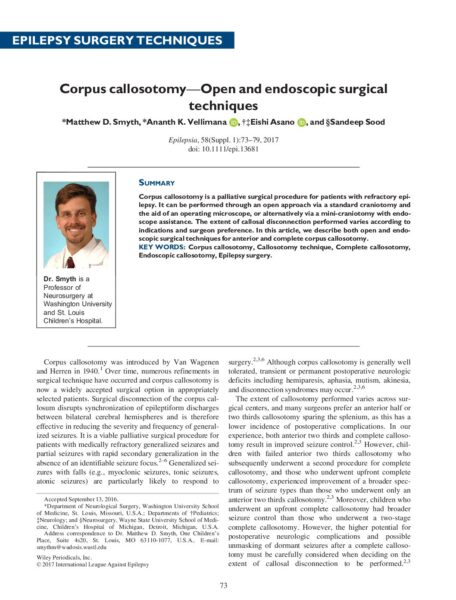 Corpus callosotomy—Open and endoscopic surgical techniques