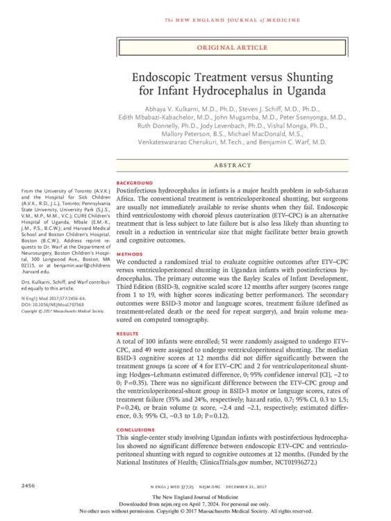 Endoscopic Treatment versus Shunting for Infant Hydrocephalus in Uganda