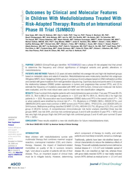 Outcomes by Clinical and Molecular Features in Children With Medulloblastoma Treated With Risk - Adapted Therapy: Results of an International Phase III Trial (SJMB03)