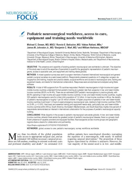 Pediatric Neurosurgical Workforce, Access to Care, Equipment and Training Needs Worldwide