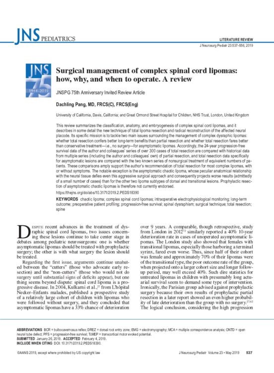 Surgical management of complex spinal cord lipomas: how, why, and when to operate. A review