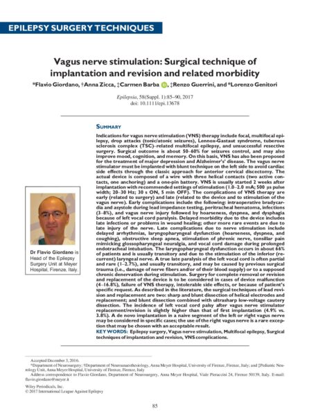 Vagus nerve stimulation: Surgical technique of implantation and revision and related morbidity