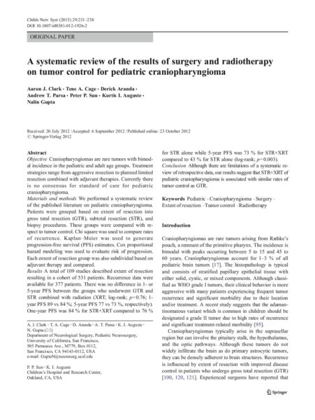 A systematic review of the results of surgery and radiotherapy on tumor control for pediatric craniopharyngioma