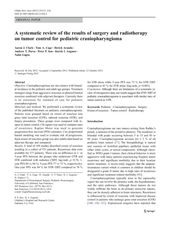 A systematic review of the results of surgery and radiotherapy on tumor control for pediatric craniopharyngioma