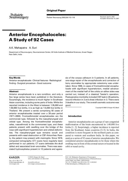 Anterior encephaloceles: A study of 92 cases