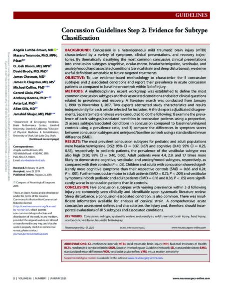 Concussion Guidelines Step 2: Evidence for Subtype Classification