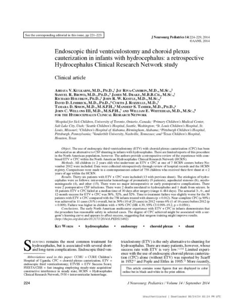 Endoscopic third ventriculostomy and choroid plexus cauterization in infants with hydrocephalus: a retrospective Hydrocephalus Clinical Research Network study