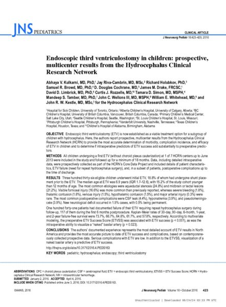 Endoscopic third ventriculostomy in children: prospective, multicenter results from the Hydrocephalus Clinical Research Network