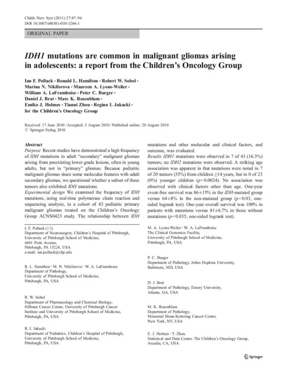IDH1 mutations are common in malignant gliomas arising in adolescents: a report from the Children’s Oncology Group