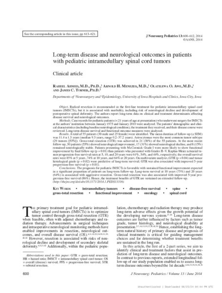 Long-term disease and neurological outcomes in patients with pediatric intramedullary spinal cord tumors Clinical article