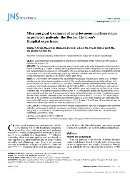 Microsurgical treatment of arteriovenous malformations in pediatric patients: the Boston Children's Hospital experience