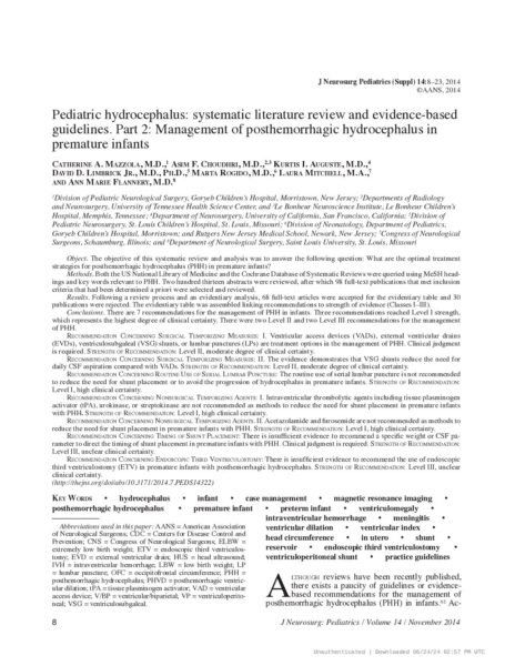 Pediatric hydrocephalus: systematic literature review and evidence-based guidelines. Part 2: Management of posthemorrhagic hydrocephalus in premature infants