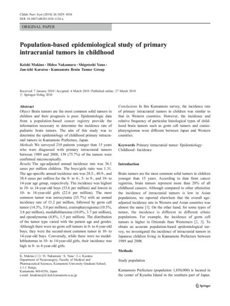 Population-based epidemiological study of primary intracranial tumors in childhood