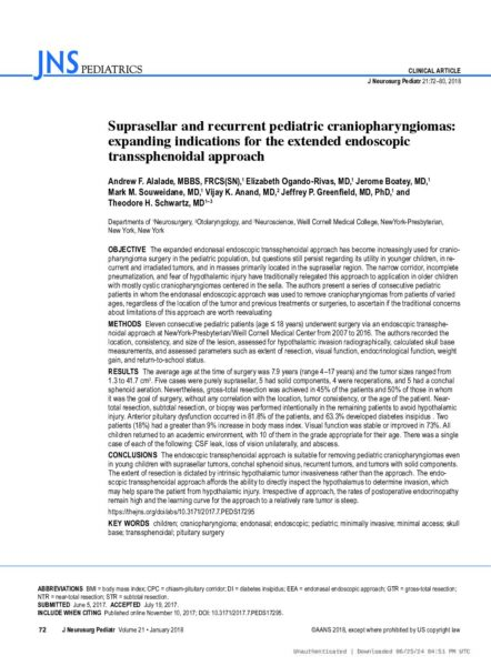 Suprasellar and recurrent pediatric craniopharyngiomas: expanding indications for the extended endoscopic transsphenoidal approach