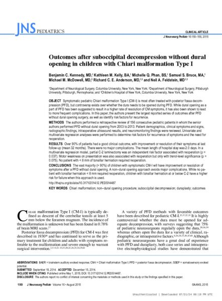 Outcomes after suboccipital decompression without dural opening in children with Chiari malformation Type I