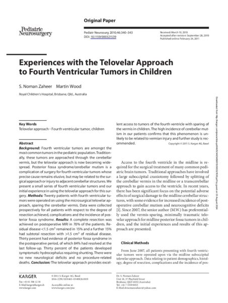 Experiences with the Telovelar Approach to Fourth Ventricular Tumors in Children