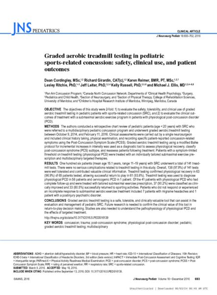 Graded aerobic treadmill testing in pediatric sports-related concussion: safety, clinical use, and patient outcomes