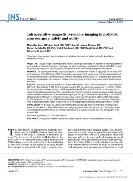 Intraoperative Magnetic Resonance Imaging in Pediatric Neurosurgery: Safety and Utility