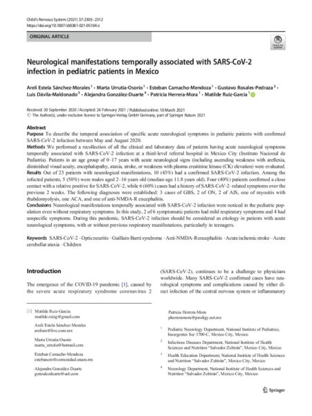 Neurological manifestations temporally associated with SARS-CoV-2 infection in pediatric patients in Mexico