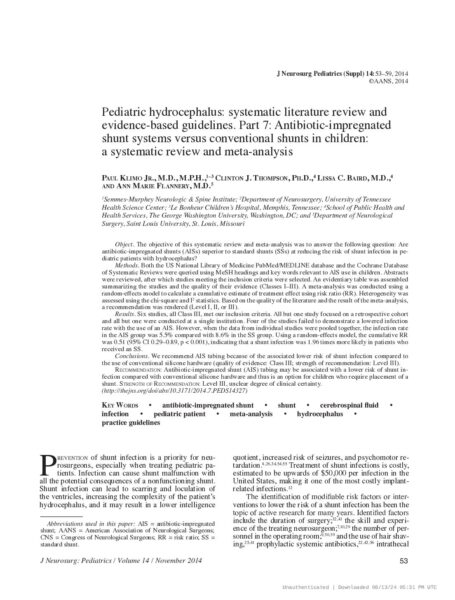 Pediatric Hydrocephalus Systematic literature Review and Evidence-Based Guidelines. Part 7 Antibiotic-Impregnated Shunt Systems Versus Conventional Shunts In Children a Systematic Review and Meta-Analysis