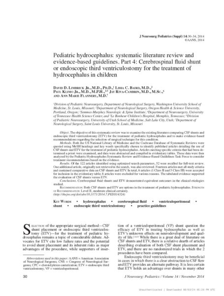 Pediatric hydrocephalus: systematic literature review and evidence-based guidelines. Part 4: Cerebrospinal fluid shunt or endoscopic third ventriculostomy for the treatment of hydrocephalus in children