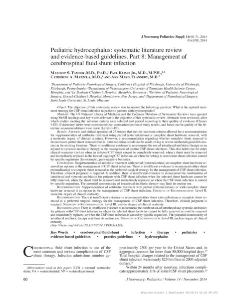 Pediatric hydrocephalus: systematic literature review and evidence-based guidelines. Part 8: Management of cerebrospinal fluid shunt infection