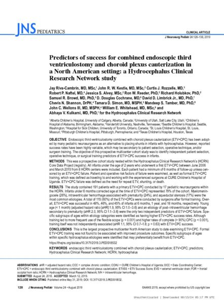 Predictors of Success for Combined Endoscopic Third Ventriculostomy and Choroid Plexus Cauterization in a North American Setting: a Hydrocephalus Clinical Research Network study