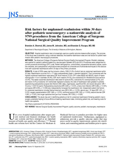 Risk Factors for Unplanned Readmission within 30 Days after Pediatric Neurosurgery: A Nationwide Analysis of 9799 Procedures from the American College of Surgeons National Surgical Quality Improvement Program