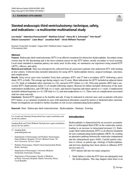 Stented Endoscopic Third Ventriculostomy: Technique, Safety, and Indications - A Multicenter Multinational Study