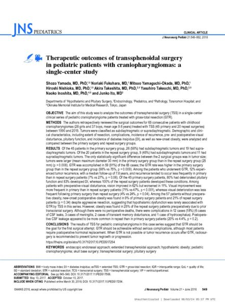 Therapeutic outcomes of transsphenoidal surgery in pediatric patients with craniopharyngiomas: a single-center study