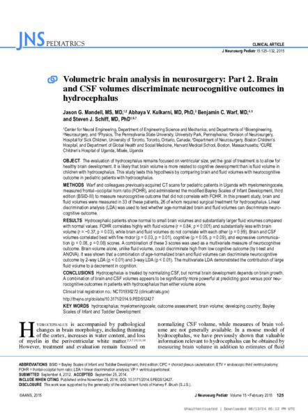 Volumetric Brain Analysis in Neurosurgery Part 2. Brain and CSF Volumes Discriminate Neurocognitive Outcomes in Hydrocephalus