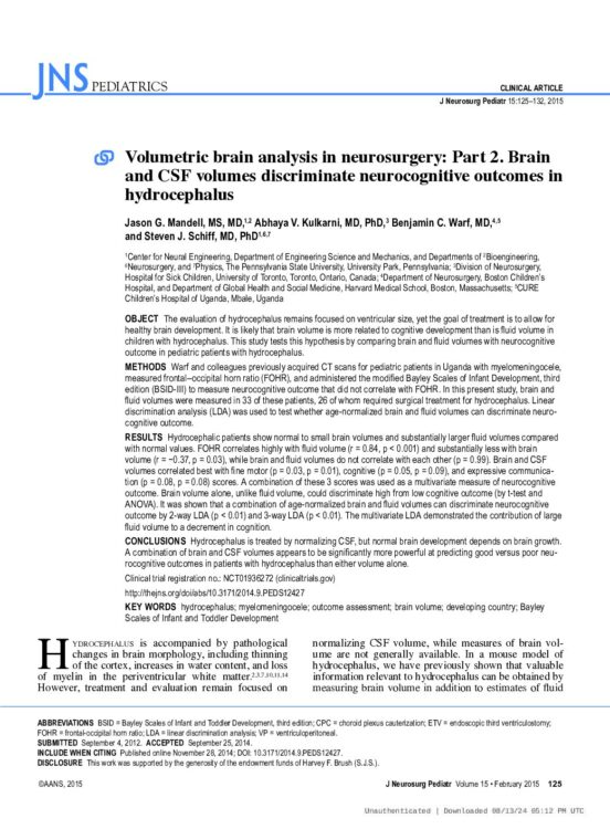 Volumetric Brain Analysis in Neurosurgery Part 2. Brain and CSF Volumes Discriminate Neurocognitive Outcomes in Hydrocephalus