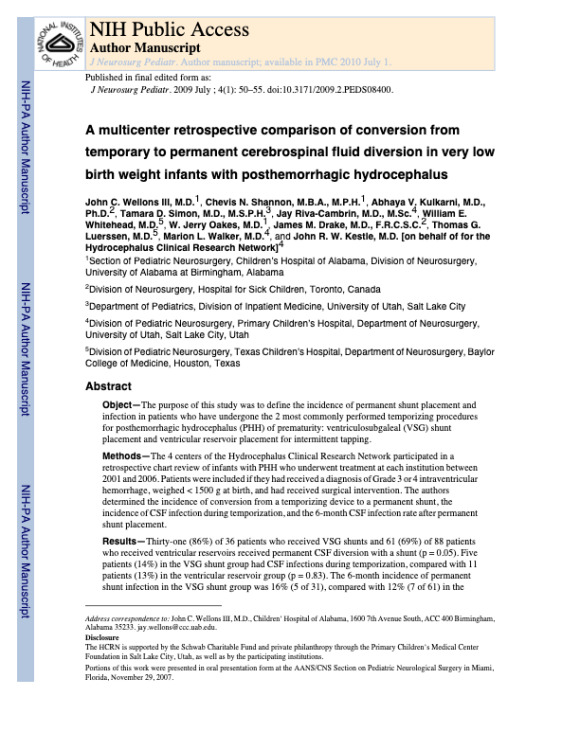 A Multicenter Retrospective Comparison of Conversion From Temporary to Permanent Cerebrospinal Fluid Diversion in Very Low Birth Weight Infants with Posthemorrhagic Hydrocephalus Clinical Article