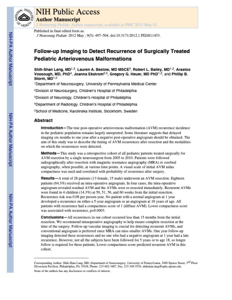 Follow-Up Imaging to Detect Recurrence of Surgically Treated Pediatric Arteriovenous Malformations Clinical Article