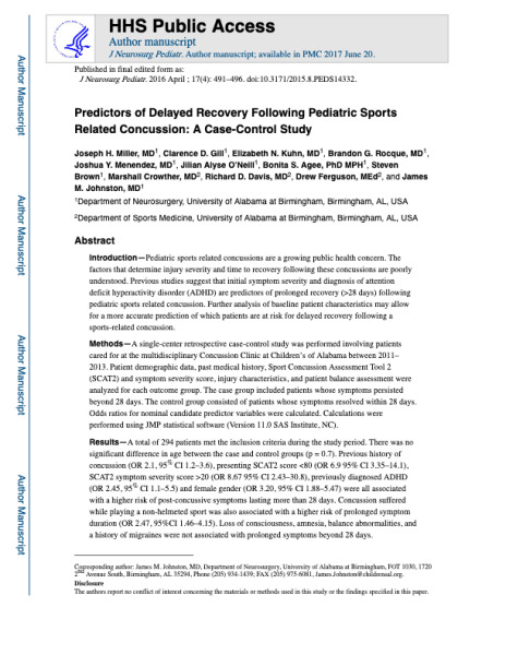 Predictors of Delayed Recovery Following Pediatric Sports-Related Concussion: A Case-Control Study