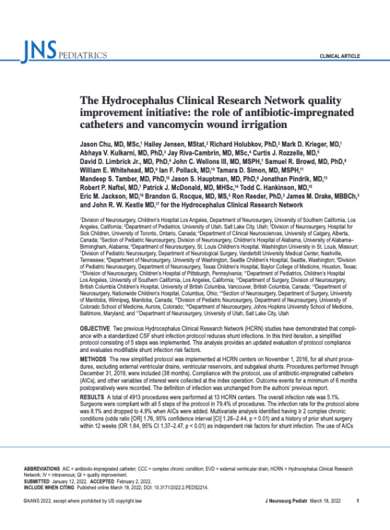 The Hydrocephalus Clinical Research Network Quality Improvement Initiative: The Role of Antibiotic-Impregnated Catheters and Vancomycin Wound Irrigation