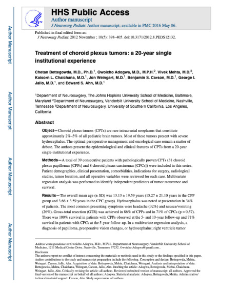 Treatment of Choroid Plexus Tumors: A 20-Year Single Institutional Experience Clinical Article