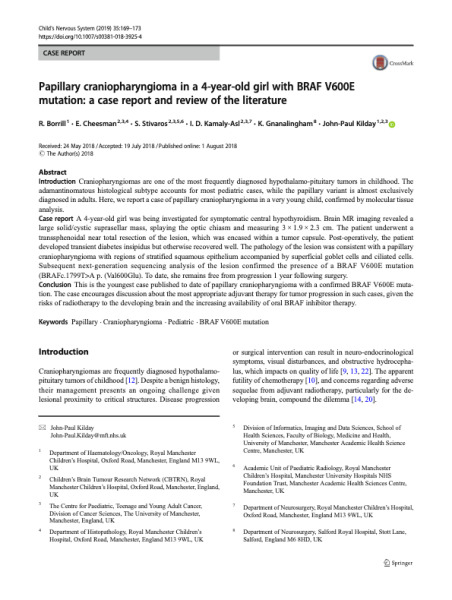 Papillary craniopharyngioma in a 4-year-old girl with BRAF V600E mutation: a case report and review of the literature