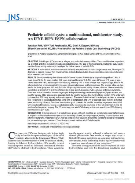 Pediatric Colloid Cysts a Multinational, Multicenter Study. An IFNE-ISPN-ESPN Collaboration