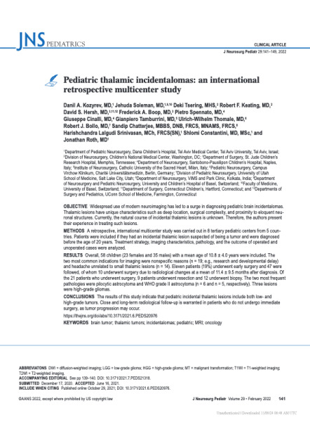 Pediatric Thalamic Incidentalomas: An International Retrospective Multicenter Study