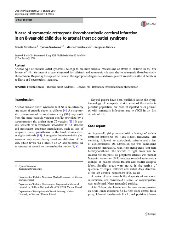 A case of symmetric retrograde thromboembolic cerebral infarction in an 8-year-old child due to arterial thoracic outlet syndrome