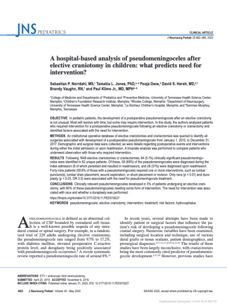 A hospital-based analysis of pseudomeningoceles after elective craniotomy in children: what predicts need for intervention?