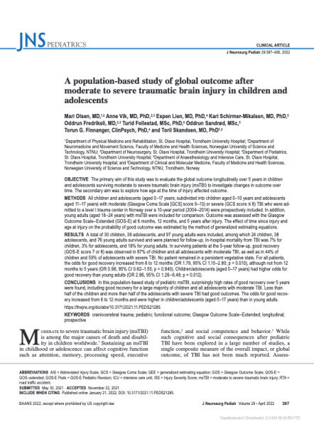 A population-based study of global outcome after moderate to severe traumatic brain injury in children and adolescents