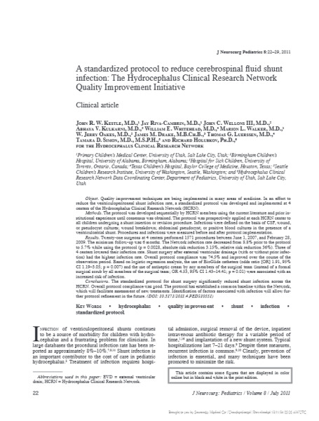 A standardized Protocol to Reduce Cerebrospinal Fluid Shunt Infection: The Hydrocephalus Clinical Research Network Quality Improvement Initiative