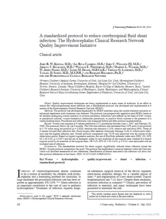 A Standardized Protocol to Reduce Cerebrospinal Fluid Shunt Infection: The Hydrocephalus Clinical Research Network Quality Improvement Initiative