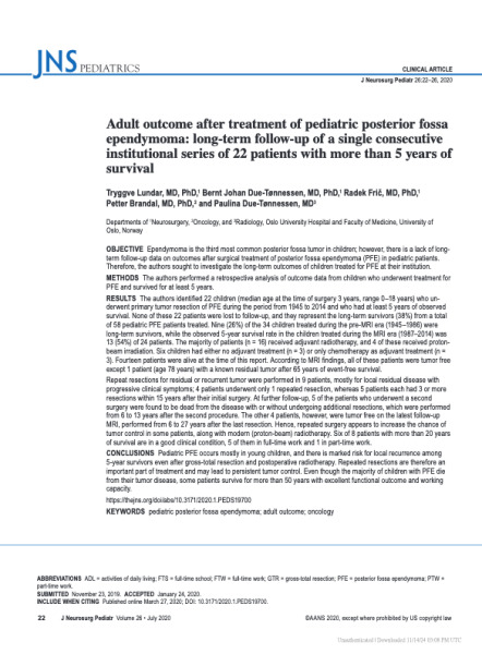 Adult outcome after treatment of pediatric posterior fossa ependymoma: long-term follow-up of a single consecutive institutional series of 22 patients with more than 5 years of survival