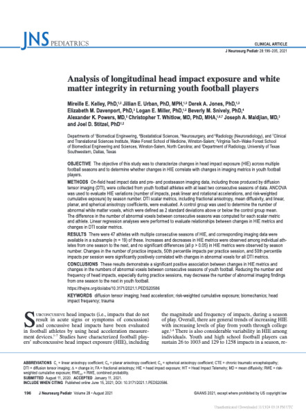 Analysis of longitudinal head impact exposure and white matter integrity in returning youth football players