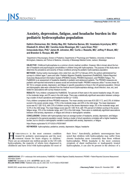 Anxiety, depression, fatigue, and headache burden in the pediatric hydrocephalus population